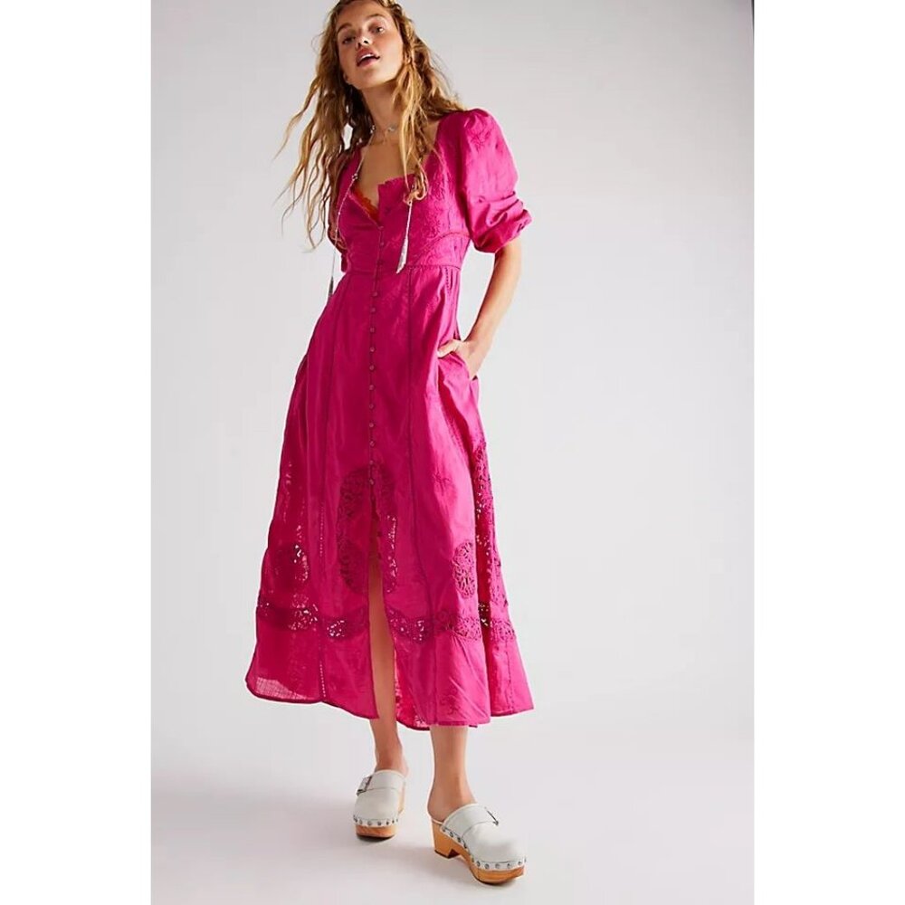 Free People NWT Lisa Lace Midi Dress in Pink size Small